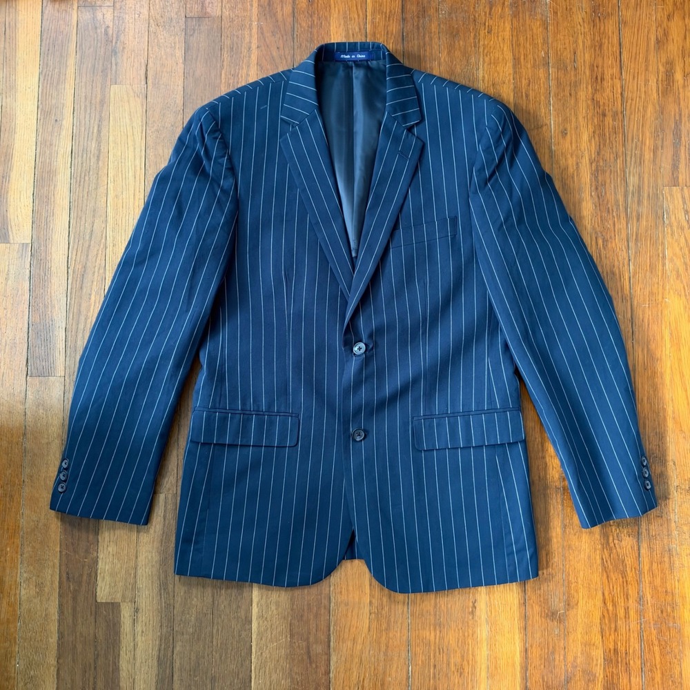 Alan Flusser Mens 40R Navy Blue Pinstripe Cotton Blazer Jacket